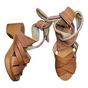 Free People Emmy Camel Tan Leather Suede Ankle Wrap Clog Sandals EU 39 US 8.5